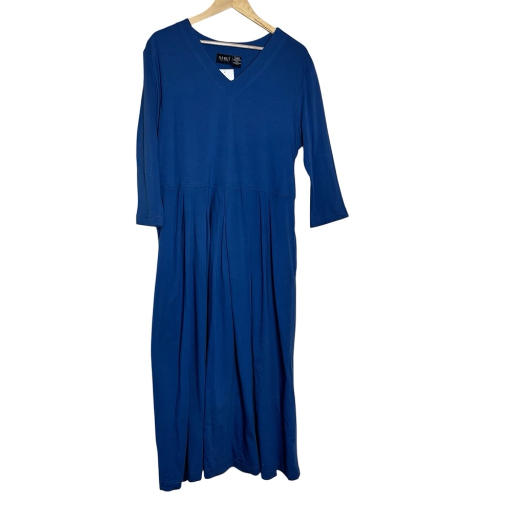 NAQUI Blue Size 1XL Cotton Knit A Line Dress Tie Back V Neck Bohemian Hippie